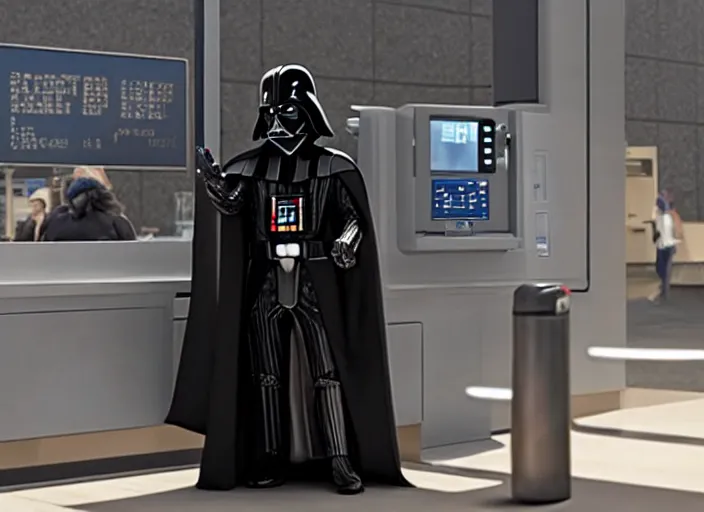 Prompt: film still of Darth Vader waiting in line at the bank in the new Star Wars movie, 4k