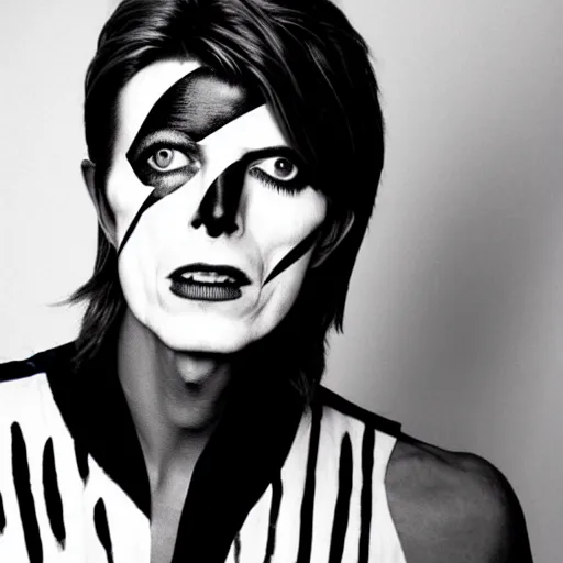 Prompt: black and white photo of david bowie with even pattern yin - yang facepaint face painted into one side white one side black, singing on top of a spaceship