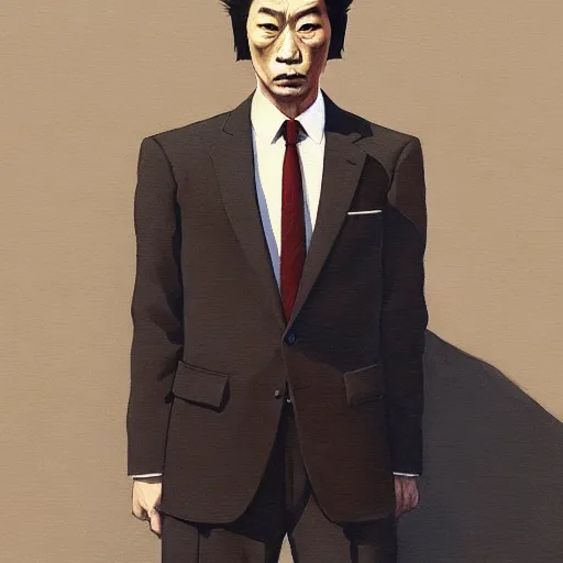 Image similar to Portrait of Japanese Yakuza wearing a business suit , very coherent, painted by Edward Hopper, Wayne Barlowe, painted by James Gilleard, airbrush, art by JamesJean