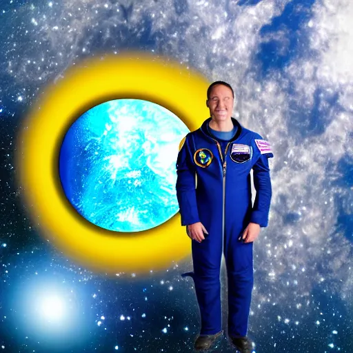 Image similar to astronaut in space, galactic background reflections on suit on one side and a yellow planet on the other side