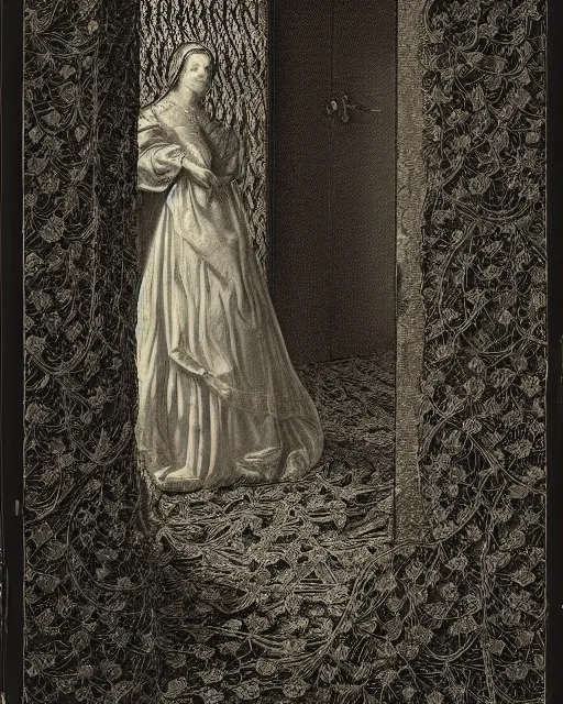 Image similar to a woman standing in a doorway, made of intricate decorative lace leaf skeleton, in the style of the dutch masters and gregory crewdson, dark and moody