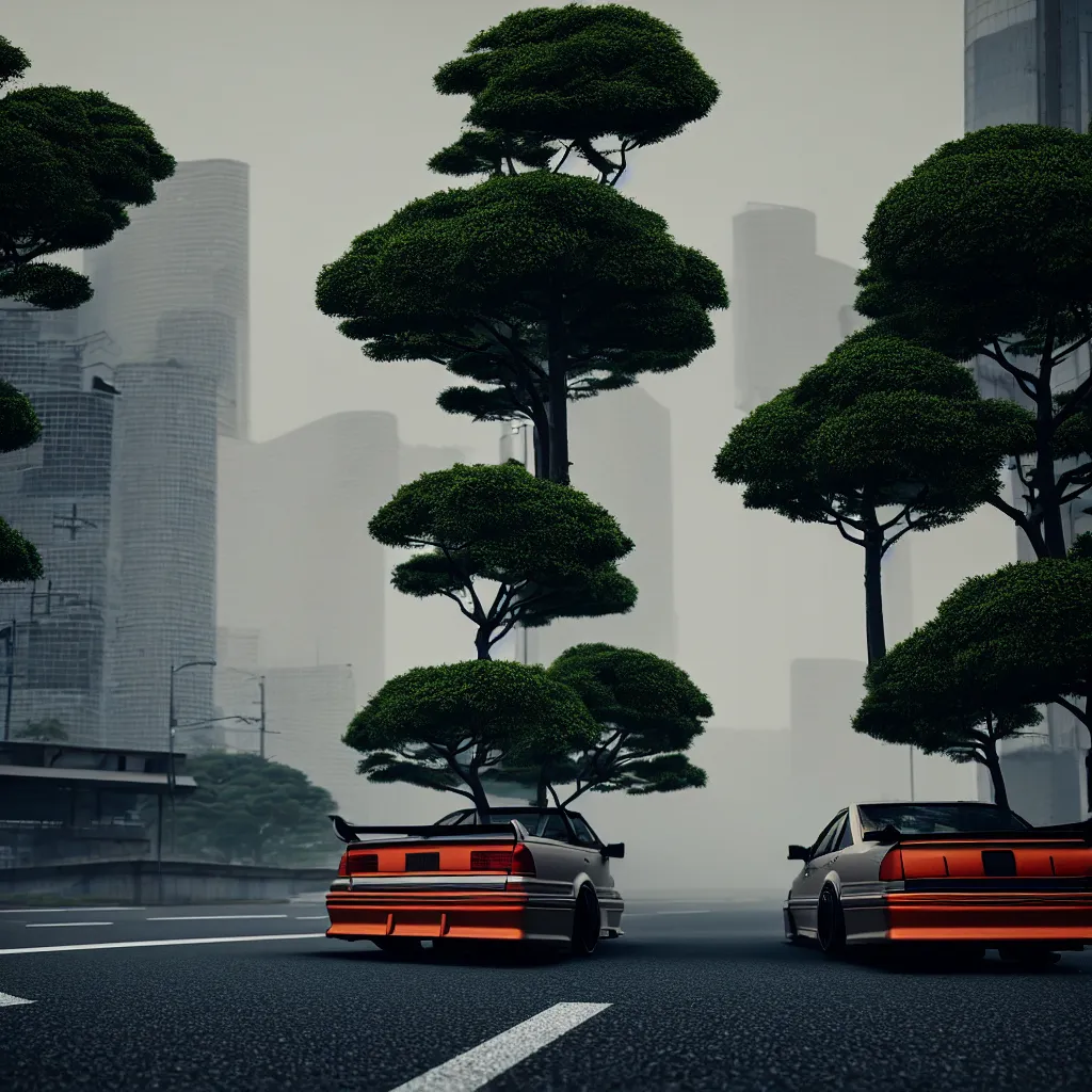 Prompt: car in center JZX100 twin turbo drift on a road, surrounded by trees and buildings in Tokyo prefecture, rooftops are Japanese architecture, city at sunset heavy mist over streetlights, cinematic lighting, photorealistic, detailed wheels, highly detailed, octane render