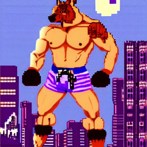 Image similar to full body portrait. 8 bit nes graphics. antropomorphic muscular masculine wolf. kickboxer fighter, in shorts. wolf head. furr on body. at night. postapocalyptic city on background, violet sky