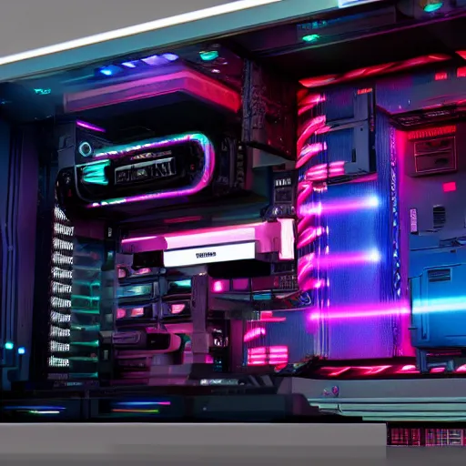 Image similar to cyberpunk gaming pc with rtx gpu, ultra detail, octane render