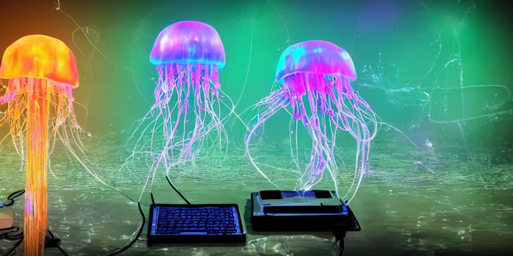 Image similar to a low detailed jellyfish in water electrocuting a floating heart with keyboard and laptop using fiber optics