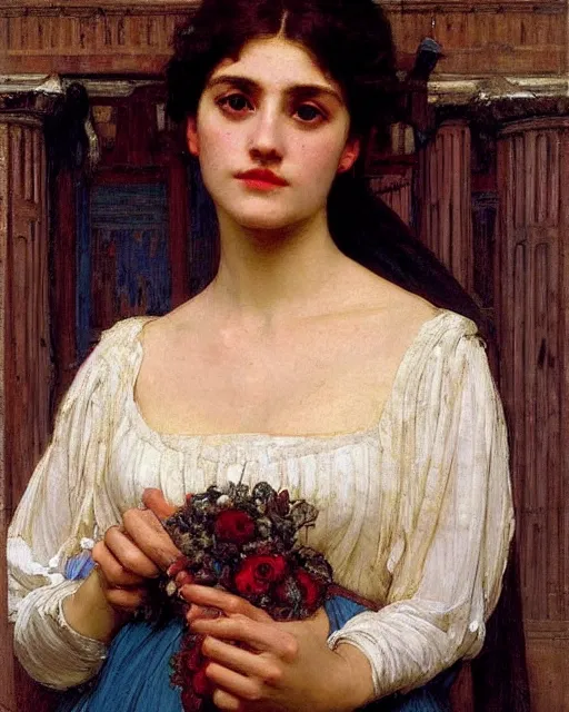 Image similar to portrait en buste of woman in greek dress by John William Waterhouse, Frederic Leighton