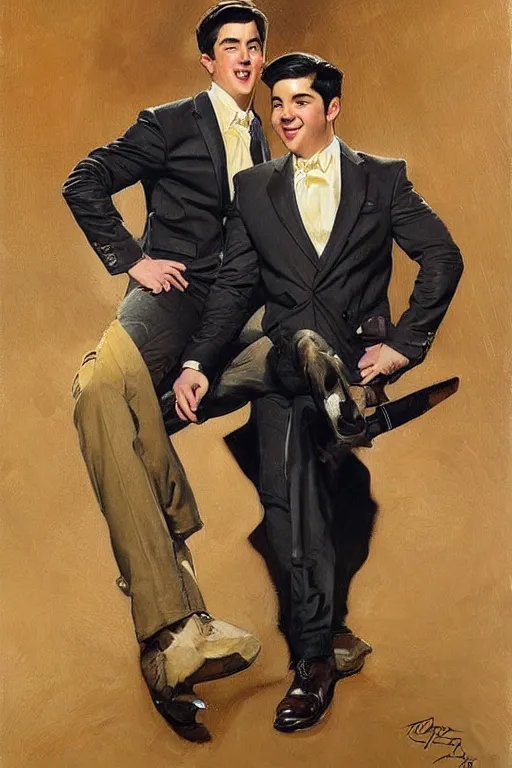 Image similar to drake bell and josh peck, painting by jc leyendecker!! phil hale!, angular, brush strokes, painterly, vintage, crisp