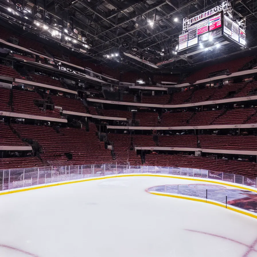 Image similar to dimly lit hockey stadium ice level 4 k photography