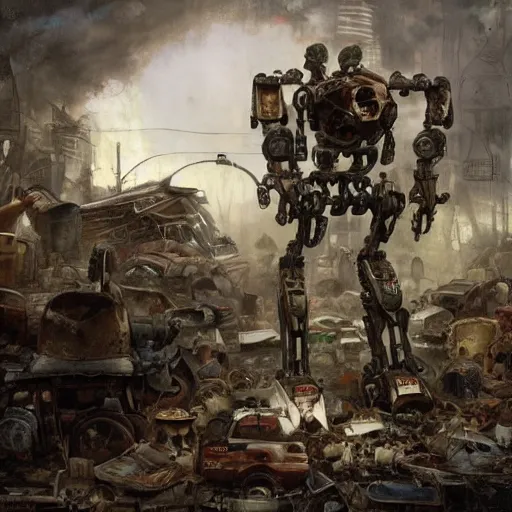 Prompt: Jean-Baptiste Monge and Alex Ross a artwork of a cluttered robot junkyard