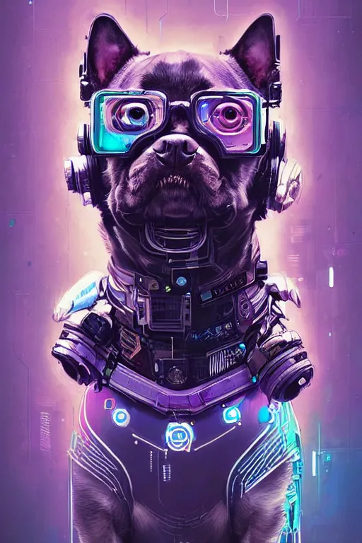 Image similar to a beautiful portrait of a cute cyberpunk dog by sandra chevrier and greg rutkowski and wlop, purple blue color scheme, high key lighting, volumetric light, digital art, highly detailed, fine detail, intricate, ornate, complex, octane render, unreal engine, photorealistic