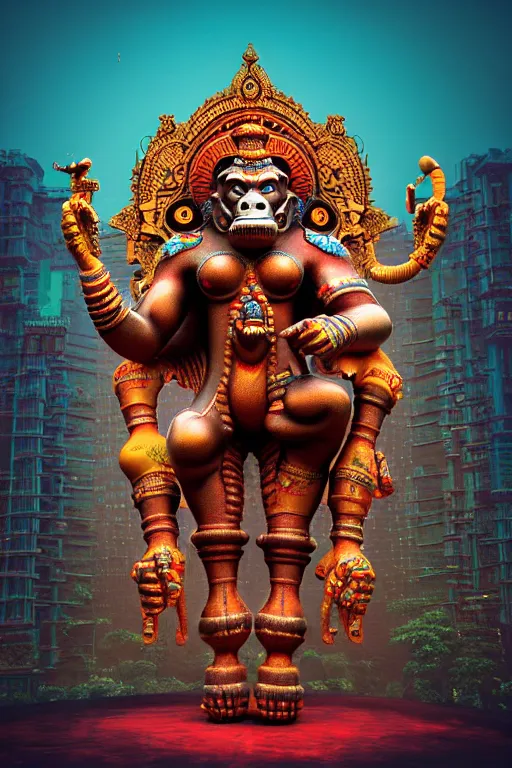 Image similar to high quality 3 d render post - rococo cyberpunk hanuman! head building, neon madhubani, highly detailed, in sci - fi mumbai, cinematic smooth unreal engine, lee madgwick & liam wong, dramatic light, low angle, uhd 8 k, sharp focus