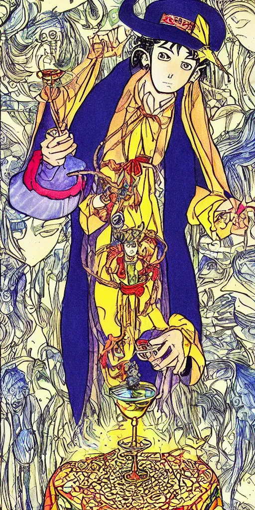 Prompt: a mystical man with a goblet on the table, wizard hat, drawn by Naoko Takeuchi, impressive line work, tarot card. tarot card the magician, psychedelic, intricate