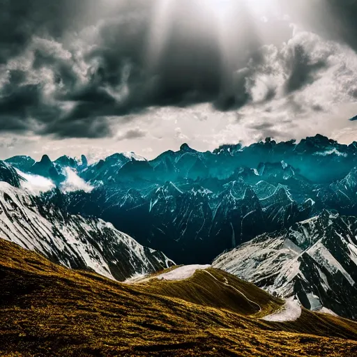 Prompt: Cinematic light, cinematic view of the alps, highly detailed, altitude mountain, cloudy, hyper realistic, dramatic, dark, realistic, dark