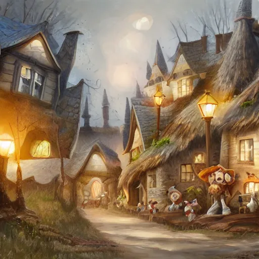 Image similar to the village of gremlins, oil painting, pale colors, high detail, 8 k, wide angle, trending on artstation,