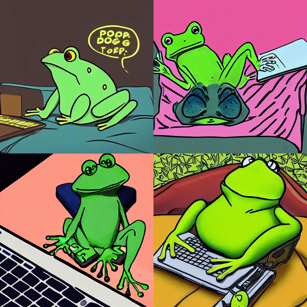 Prompt: peepo the frog lying on his bed with a laptop, crying as his heart breaks after reading an announcement on discord, sad lo-fi vibes, dramatic