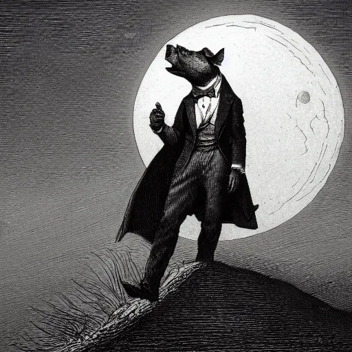 Image similar to pig in a tuxedo in front of the moon, dark clouds, high detail, dramatic light, illustration by gustave dore