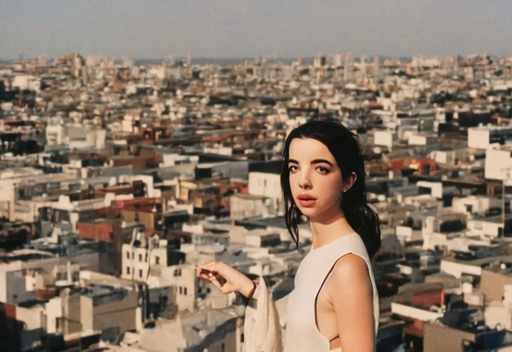 Image similar to lomo photo of adelaide kane standing on the roof of building, small town, cinestill, bokeh, out of focus