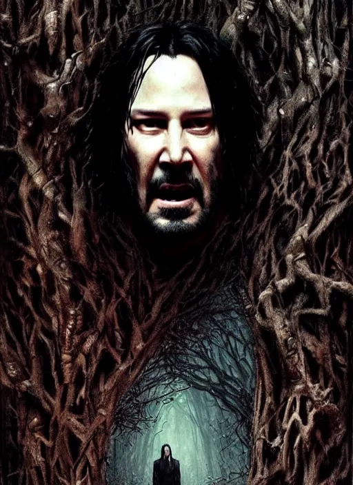 Image similar to highly detailed horror movie poster with angry creepy keanu reeves as a tree, keanu reeves faces in the bark of many trees sentient leafy catastrophe by greg rutkowski, masterpiece, really funny, 1 0 / 1 0 creepy