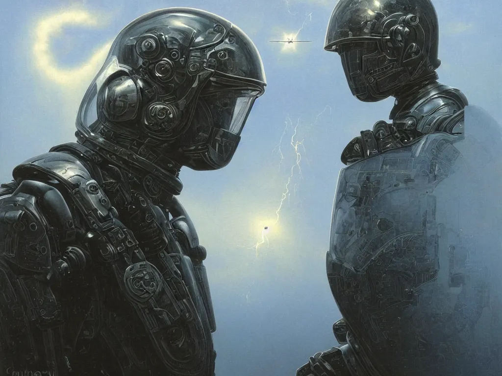 Image similar to a detailed close up portrait painting of a bounty hunter in combat armour and visor. cinematic sci-fi poster. Flight suit, accurate anatomy. portrait symmetrical and science fiction theme with lightning, aurora. lighting. clouds and stars. Futurism by beksinski carl spitzweg moebius and tuomas korpi. baroque elements. baroque element. intricate artwork by caravaggio. Oil painting. Trending on artstation. 8k