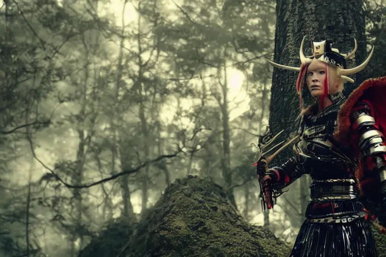 Prompt: vfx movie scene closeup futuristic nomad cyborg warrior viking geisha in a smoldering forest. by emmanuel lubezki