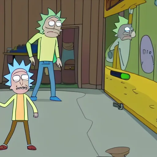 Prompt: an episode from rick and morty where rick surf on skate in the shape of morty