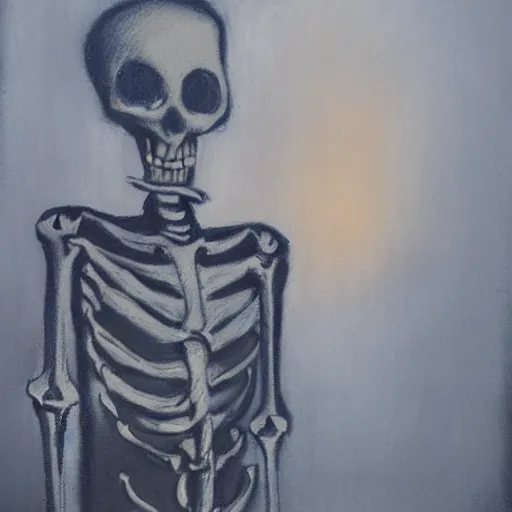 Prompt: creepy mafia skeleton in a fogged neighborhood, pastel painting