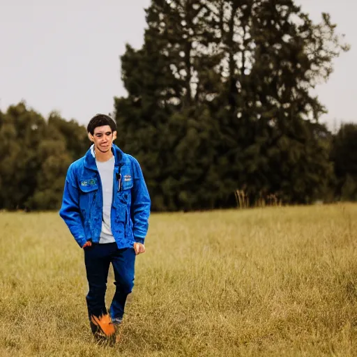 Prompt: destiny ( steven bonnell ii ) in a blue jacket walking in a field, 5 0 mm sigma lens, sony a 7 siii