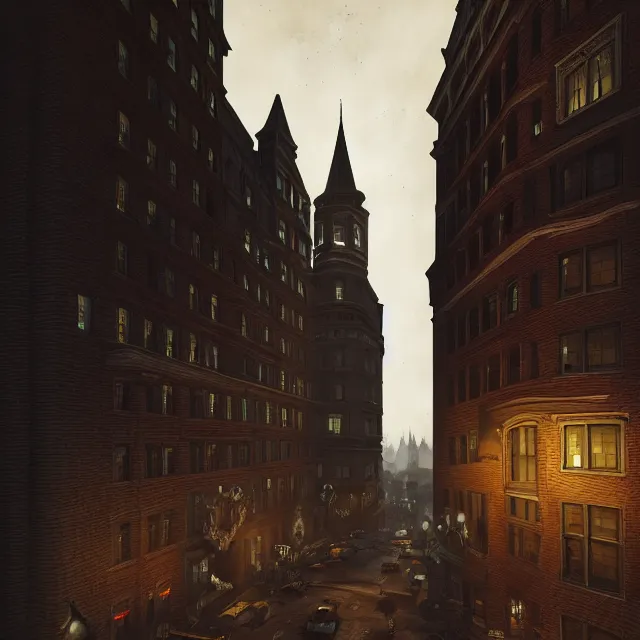 Image similar to action scene painting of a 1 9 2 0 s gothic style hotel in downtown boston, overlooking a dark street, architectural, atmospheric lighting, brooding, painted, intricate, ultra detailed, well composed, best on artstation, cgsociety, epic, stunning, gorgeous, intricate detail, much wow, masterpiece, cinematic aesthetic octane render, 8 k hd resolution,