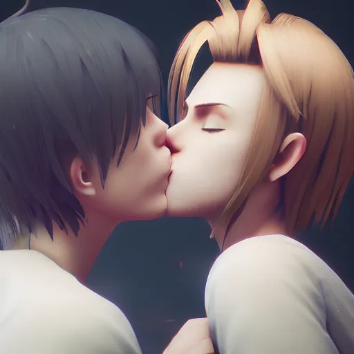 Prompt: Annie Leonhart kissing Annie Leonhart, , detailed face, love, bokeh effect, lesbian kiss, octane render, 8k wallpaper