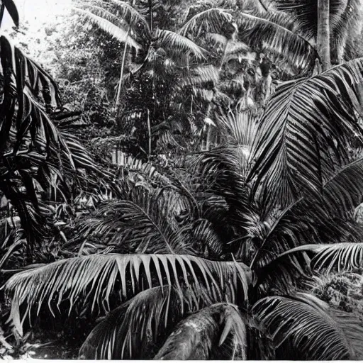 Image similar to a rizom lost film footage of a complex volume in the middle of the tropical jungle / tropicalism / tropicalism / tropicalism / film still / cinematic / enhanced / 1 9 2 0 s / black and white / grain