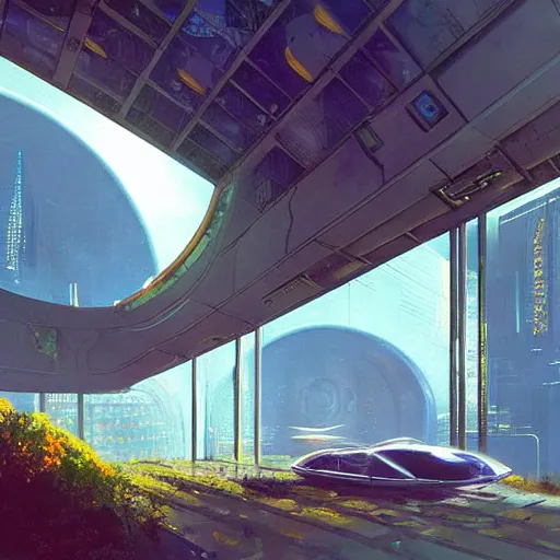 Image similar to overgrown futuristic cityscape located under a bridgeway, world seen only through a portal, daylight, cinematic perspective, cinematic lighting, blue sky, syd mead, john harris, symmetrical