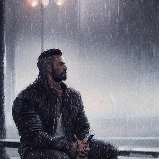 Prompt: a highly detailed portrait of a muscular man sitting on a bench in the rain, digital art, retrowave, cyberpunk, artstation, pixiv, by wlop, greg rutkowski