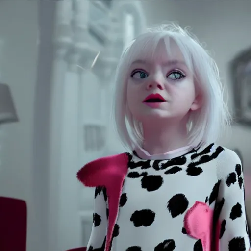 Image similar to toddler emma stone with black - and - white hair, like cruella haircut, in a room, cinematic, movie scene, vivid colors, detailed, 8 k