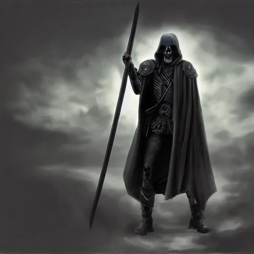 Image similar to a man with a skull head in a grey cloak holding his black spear up to the sky, concept art, Digital art