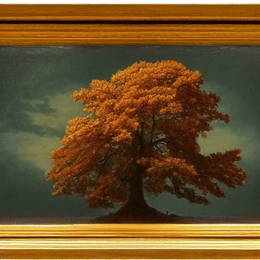 Prompt: A beautiful assemblage of a tree with its branches and leaves reaching out towards the sky. The colors are very vibrant and the assemblage has a lot of movement. by Carl Gustav Carus, by Klaus Wittmann aesthetic