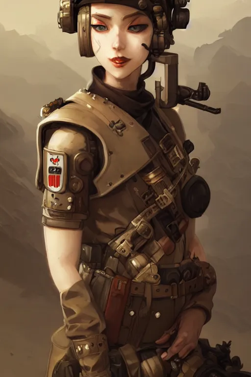 Image similar to dieselpunk soldier girl, helmet, shoulders, chest, portrait, desert, armored, highly detailed, sharp focus, art, illustrations by wlop and ayanamikodon and irakli nadar and loish and rossdraws