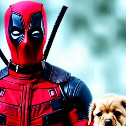 Image similar to a still from the avengers movie of deadpool holding a cute dog, 4 k, movie scene, professional lightimg, cinematic, dramatic