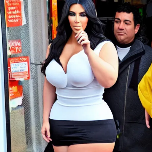 Prompt: a candid paparazzi photo of an extremely obese Kim Kardashian eating a double whopper, award winning