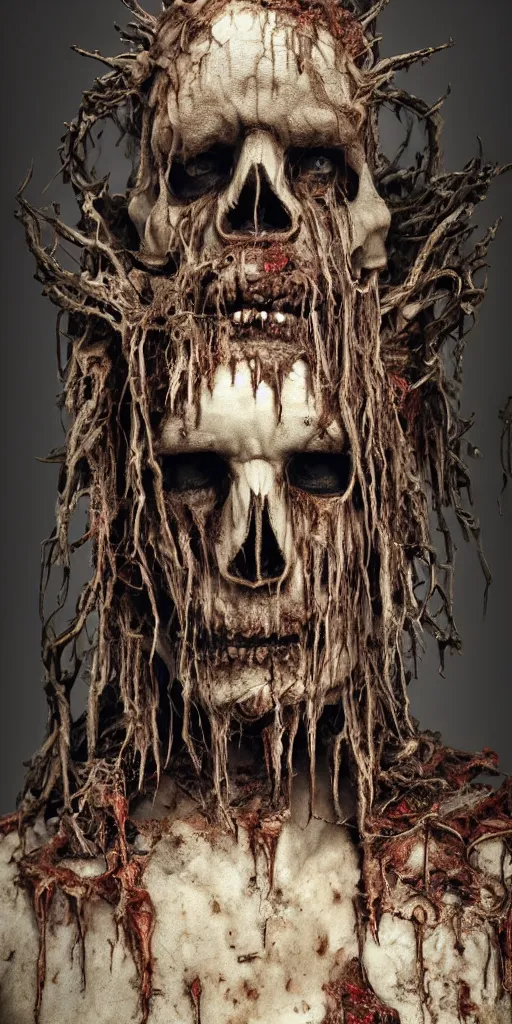 Image similar to full portrait of the decaying King of rot, crown made of rotting flesh, cloak, skull mask, realistic character concept, high fantasy, gothic, dark atmosphere, medium shot, symmetrical face, cinematic lighting, hyperdetailed, high resolution, insanely detailed and intricate, artstation, octane render, 8k, unreal engine