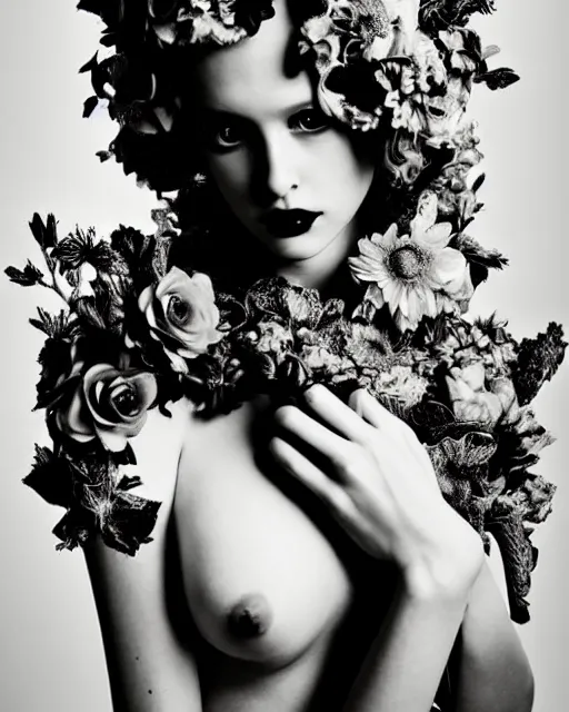Prompt: a black and white high quality dreamy photo of a young beautiful female queen-pale dragon-vegetal-many flower-cyborg bust with a very long neck, elegant, highly detailed, poetic, soft, dreamy, mysterious, high fashion, rim light, in the style of Ellen von Unwerth, Realistic, Refined, Digital Art, Highly Detailed, Cinematic Lighting, rim light, black and white, photo-realistic, 8K