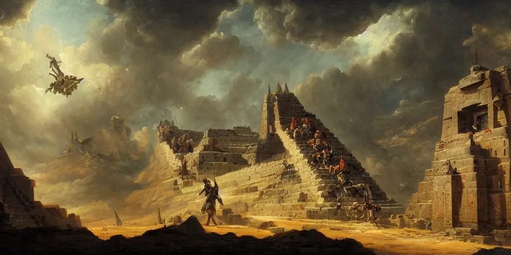 Prompt: hubert robert simonetti rutkowski epic painting aztec warrior watching spaceship starship in the sky, background is mesoamerican pyramid