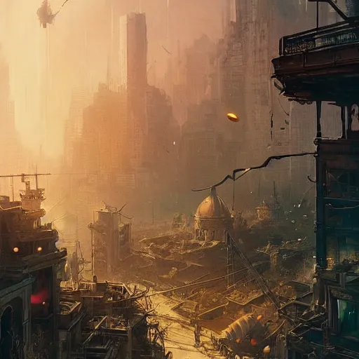 Prompt: post - apocalyptic manila, stephen bliss, unreal engine, fantasy art by greg rutkowski, loish, rhads, ferdinand knab, makoto shinkai and lois van baarle, ilya kuvshinov, rossdraws, tom bagshaw, alphonse mucha, global illumination, radiant light, detailed and intricate environment