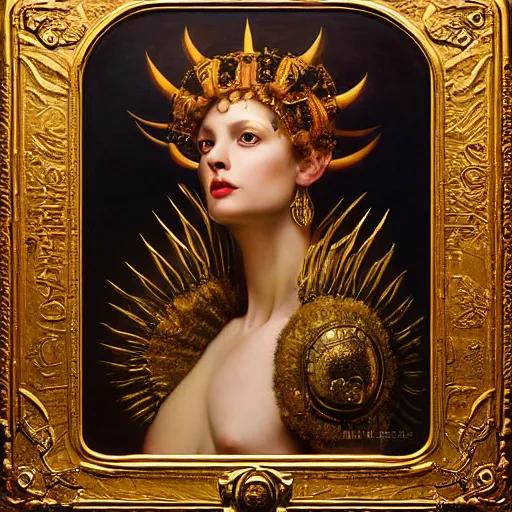 Prompt: highly detailed oil painting | very intricate | cinematic lighting | award - winning | portrait of goddess astarte dressed by alexander mcqueen | by roberto ferri, by tom bagshaw, by j. c. leyendecker and klimt, american romanticism, by austin osman spare, artstation, cgsociety, official art, octane