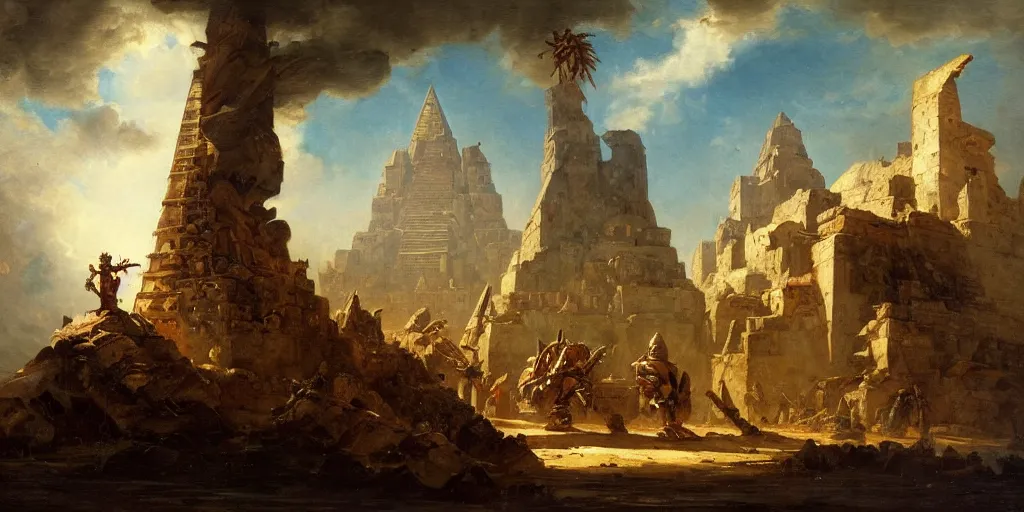 Image similar to hubert robert simonetti rutkowski epic painting aztec warrior watching spaceship starship in the sky, background is mesoamerican pyramid