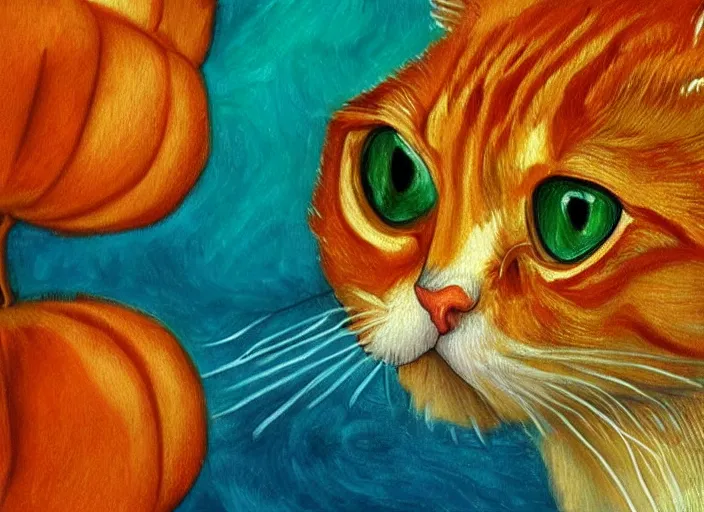 Prompt: detailed realistic realism painting of lasagna with the face of an orange tabby cat, at dusk, in the style of vincent van gogh and salvador dali and leonardo da vinci