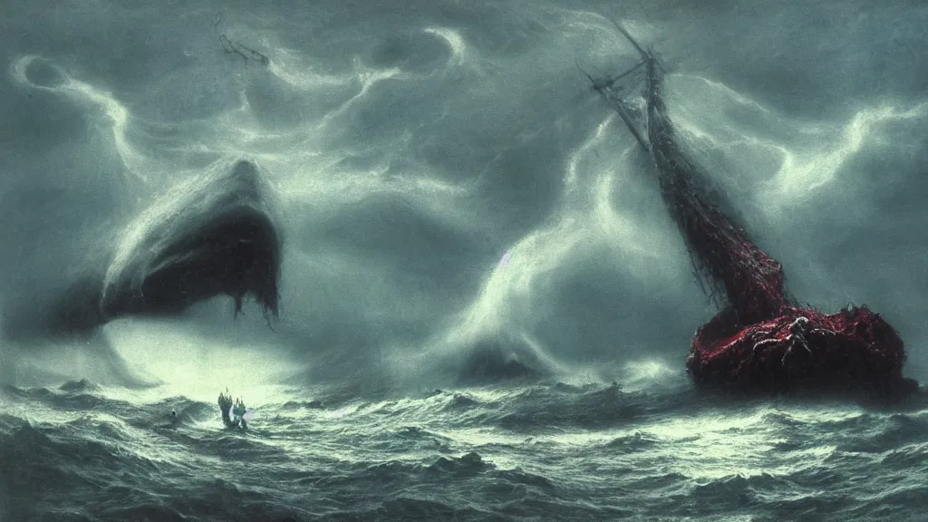 Prompt: a huge monster of the deep emerges out of the crashing waves to attack a small fishing boat, tentacles, Beksiński, Achenbach, horror, cinematic lighting, Technicolor, global illumination