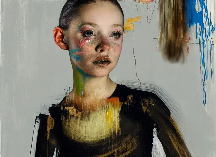 Image similar to portrait of nervous young girl ballerina sitting on the floor focusing in a dance hall by vincent lafevre and francis bacon and pat steir and hilma af klint, psychological, symmetrical face, dripping paint, washy brush, matte painting, rendered in octane, altermodern, masterpiece