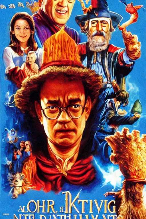 Prompt: movie poster hanksgiving, tom hanks, turkey, a wizard, lightning, 1 9 8 2, drew struzan inspiration