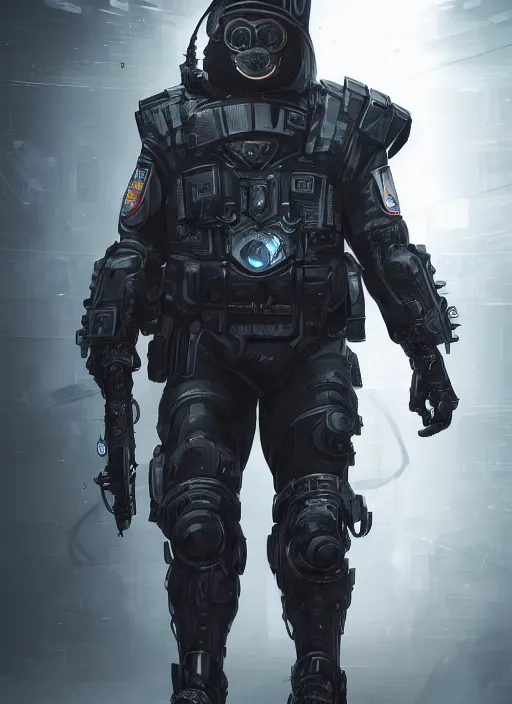 Image similar to detailed intricate concept of a heavy set futuristic police officer, 4 k, hd, cyberpunk dark fantasy art, official fanart behance hd artstation