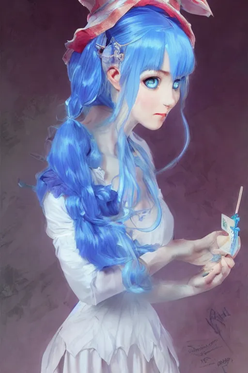 Image similar to pretty girl with blue hair, rem rezero dressed as alice in wonderland, digital painting, 8 k, concept art, art by wlop, artgerm, greg rutkowski and alphonse mucha